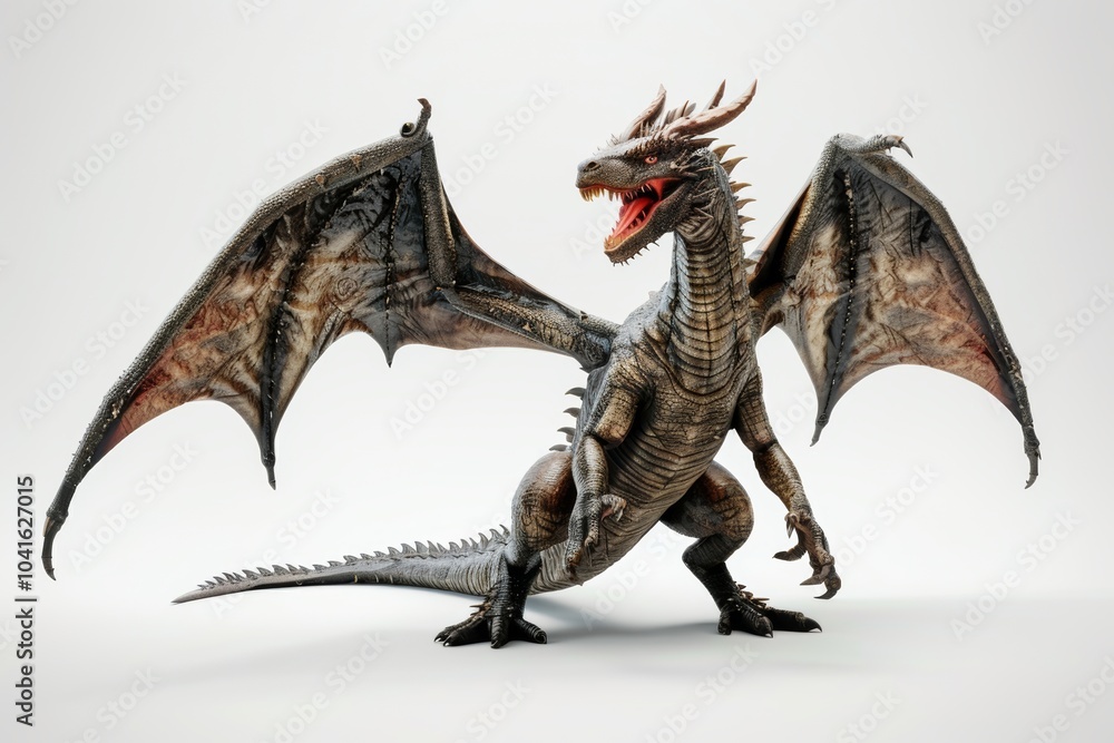 Fototapeta premium Fierce dragon in mid-roar on white background