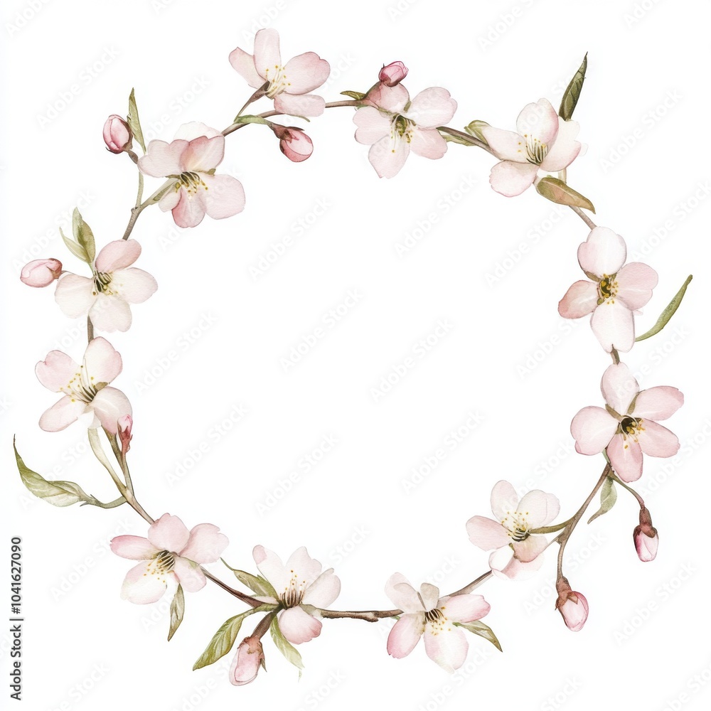 Fototapeta premium a round garland with light pink cherry blossoms, the flowers have five petals and the candles are tapered, thin at the tips, the petals are pointed, it has very few soft, muted green leaves