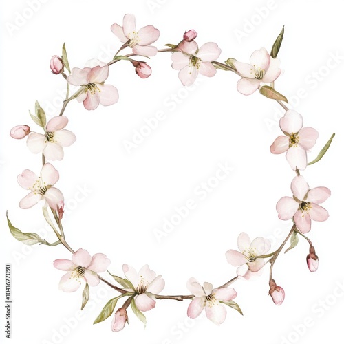 a round garland with light pink cherry blossoms, the flowers have five petals and the candles are tapered, thin at the tips, the petals are pointed, it has very few soft, muted green leaves photo