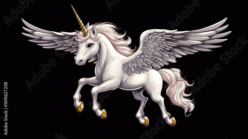 A whimsical unicorn with wings featuring a golden horn This charming Pegasus design is ideal for print fabric and web projects A delightful 2D cartoon illustration