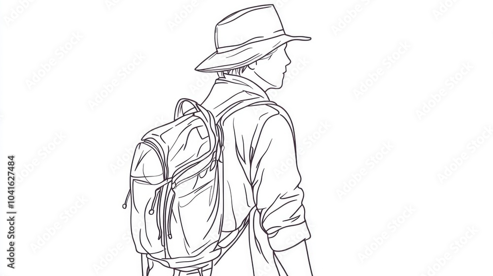 Continuous line drawing of an adventurous man in a hat and backpack ready for a trip Minimalist line art vacation theme on a white background Continuous line drawing of an adventurous man in a hat and backpack ready for a trip Minimalist line art vacation theme on a white background