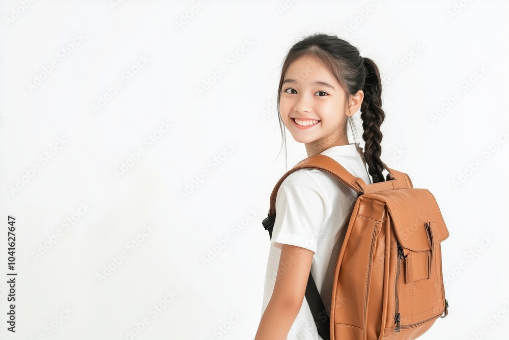 Asian teenage student carrying school bag on white background, student happy back to school Asian teenage student carrying school bag on white background, student happy back to school