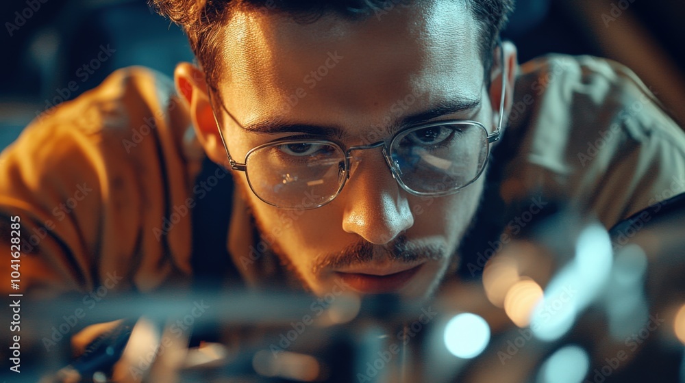Technician in an automotive plant, performing quality checks on assembled car components. Technician in an automotive plant, performing quality checks on assembled car components.