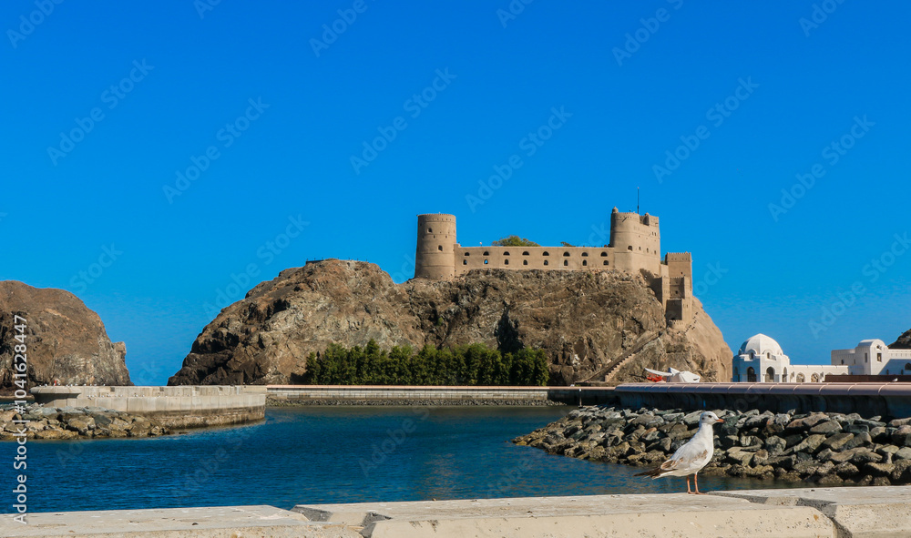 Visit to the iconic Al Jalali Castle in Muscat Oman with clear blue skies and scenic coastal views during the afternoon Visit to the iconic Al Jalali Castle in Muscat Oman with clear blue skies and scenic coastal views during the afternoon
