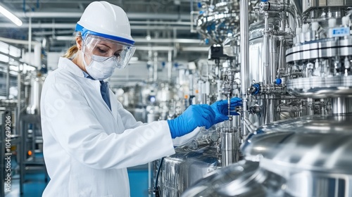 Technician in a biofuel plant, monitoring the distillation process while wearing a safety helmet and goggles.