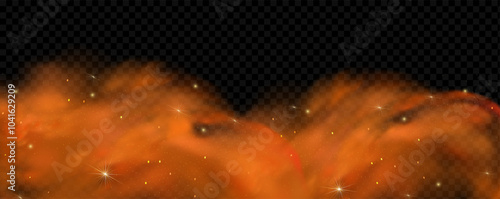 Orange magic fog. Yellow smoke with glowing particles. Colored powder with explosion effect.