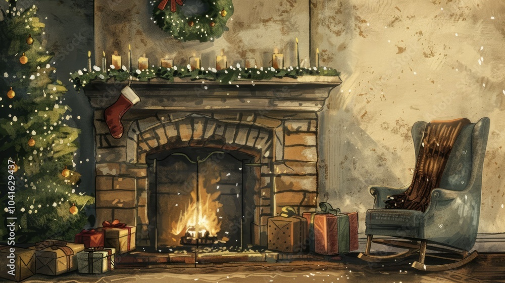A cozy fireplace scene with Christmas decorations A cozy fireplace scene with Christmas decorations