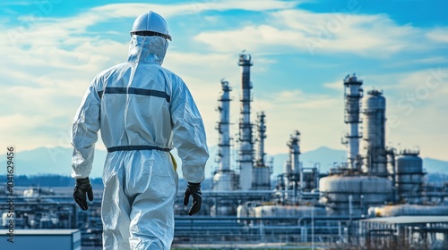 Man in a hazmat suit, inspecting a chemical processing facility for safety compliance.