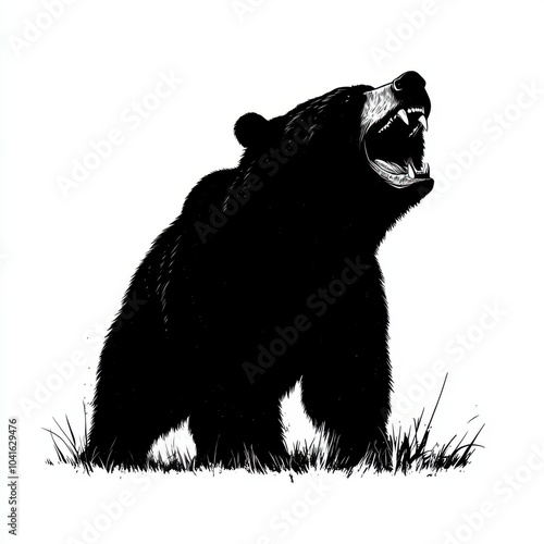 Silhouette vector illustration of a roaring grizzly bear, on white background, 2d flat illustration, ideal for outdoor brand logos, strength-themed products, and wildlife conservation campaigns photo