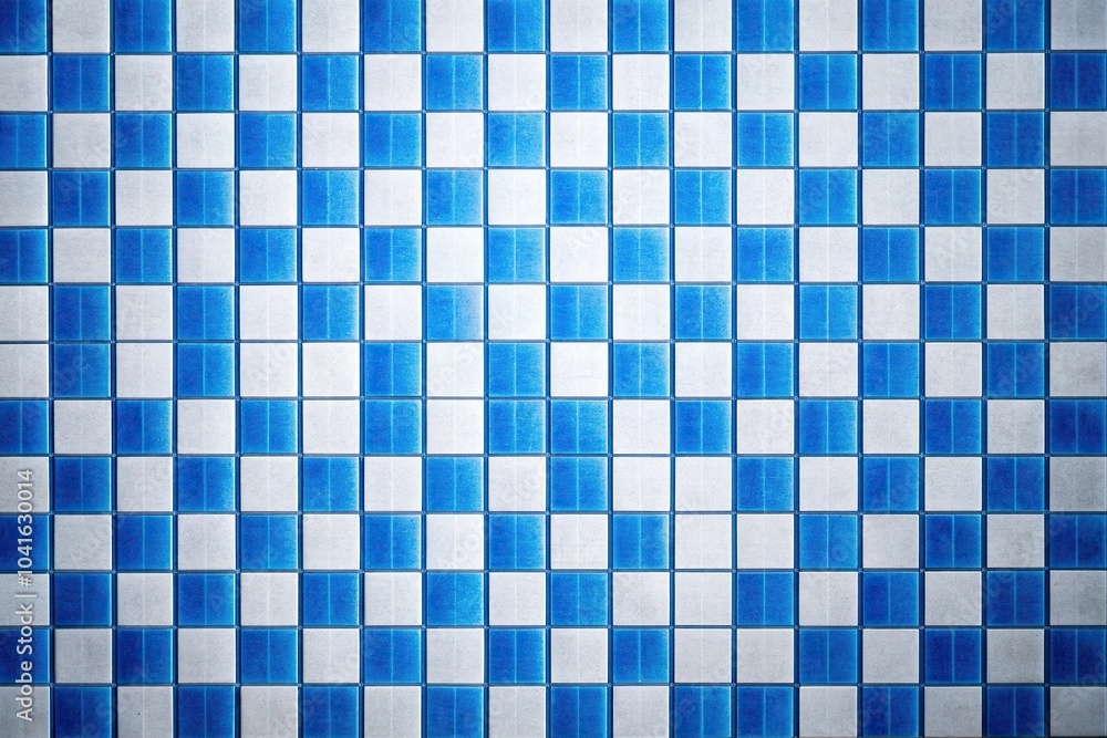 Blue and white tiled checkered pattern reflected on background Blue and white tiled checkered pattern reflected on background