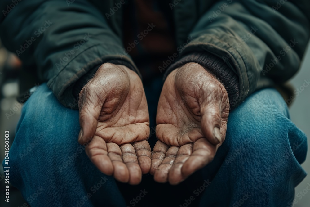 Fototapeta premium Close up hands of older homeless dirty poor beggar man waiting to help from donor. He so hungry, unhappy, have not money and feel lonely.
