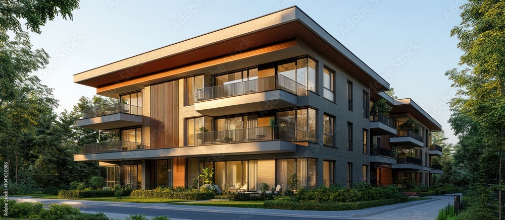 Obraz premium Modern apartment building with large windows, balconies, and a wood-paneled exterior. The building is surrounded by lush greenery, suggesting a tranquil and upscale neighborhood.