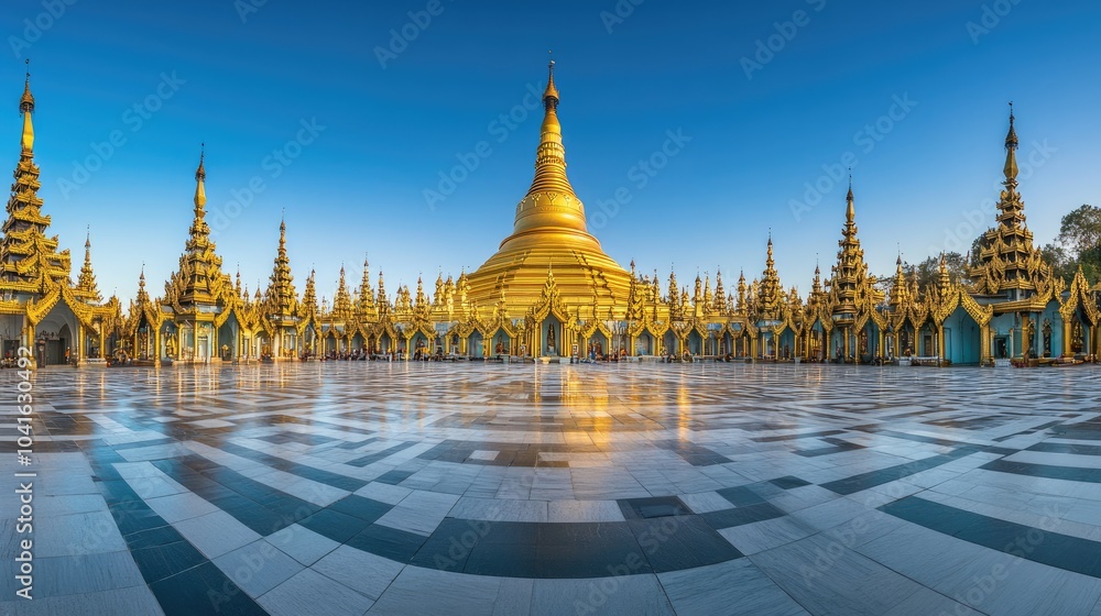 Naklejka premium Golden Stupa and Pagodas Under Clear Blue Sky