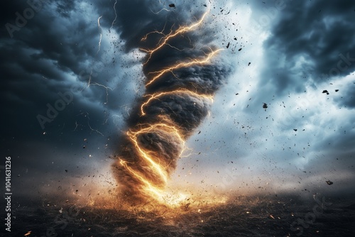 dramatic and powerful tornado. Lightning thunderstorm flash over the night sky. Concept on topic weather, cataclysms (hurricane, Typhoon, tornado, storm). Stormy Landscape photo