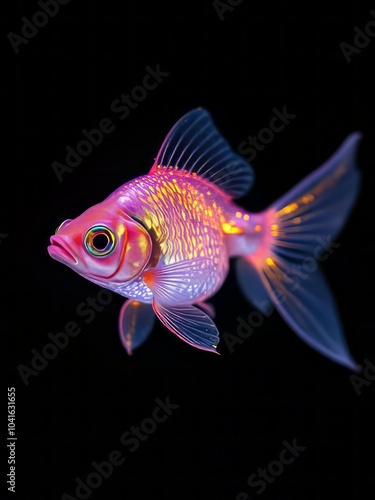 Glittering glowing beautiful fish with translucent fins purple with gold goldfish on dark background with glitter star dust particles glitter dust particle Ultra realistic 