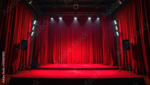 An empty stage featuring vibrant red curtains and shining spotlights photo