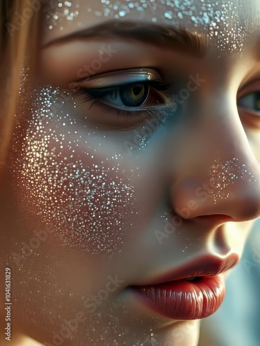 A woman's face is covered in glitter giving it a dreamy ethereal appearance glitter dust particle Ultra realistic 