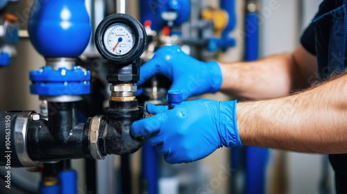 Technician in a water treatment plant, testing water samples for contamination while wearing safety gloves.