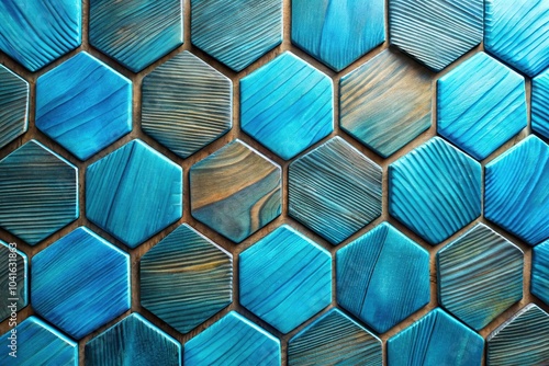 Fototapeta Naklejka Na Ścianę i Meble -  Blue swan feather hexagonal tiles on wood background