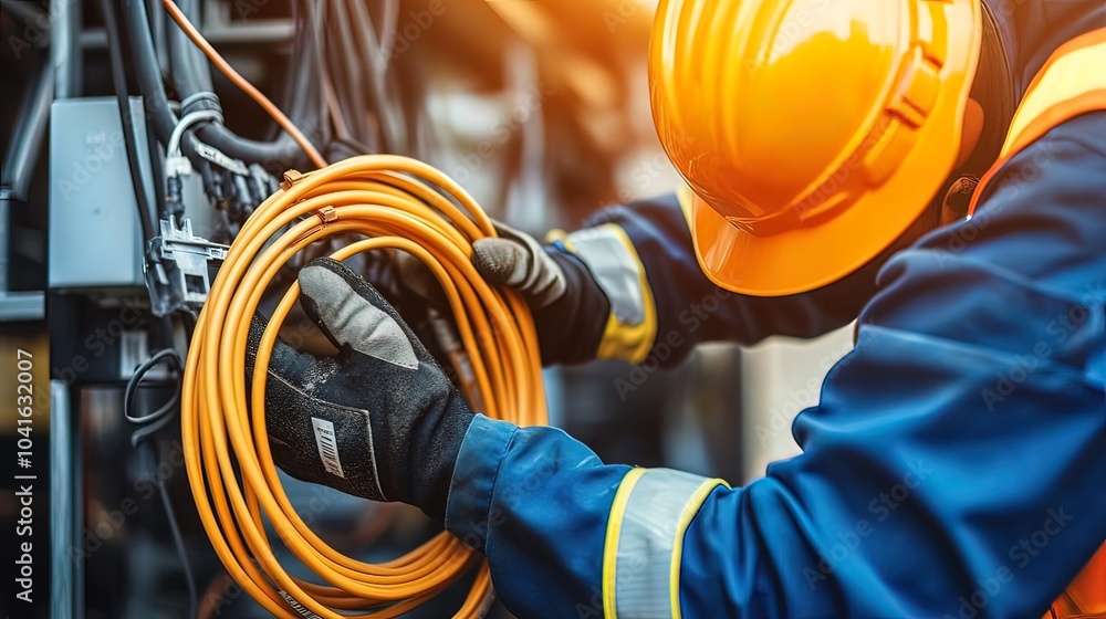 Worker Handling Electrical Cable with Safety Gear Worker Handling Electrical Cable with Safety Gear
