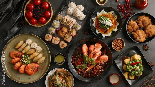 Celebrating the foods of Chinese Lunar New Year. Top view of delicious festival table with asian food for lunar new year's dishes. Traditional lunar new year food. Flat lay background. 