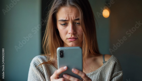 Close up young woman looks at smartphone screen with distressed expression, cover her mouth with hand, read alarming news on phone, feel unhappy, scared. Financial setback, phishing, awful information