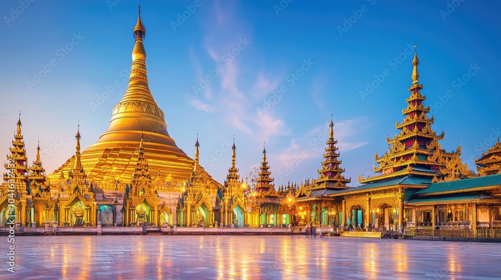 Naklejka premium Stunning Golden Pagoda at Sunrise in Myanmar