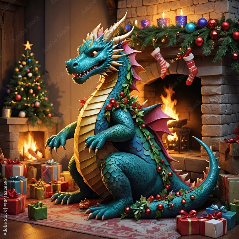 Fototapeta premium Cute baby dragon curiously examining Christmas present by fireplace