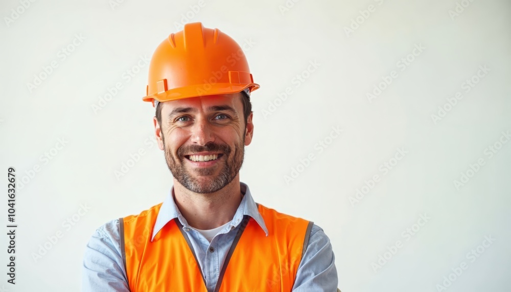 Confident Construction Worker Smiling with Safety Gear in Bright Orange Vest and Hard Hat Confident Construction Worker Smiling with Safety Gear in Bright Orange Vest and Hard Hat