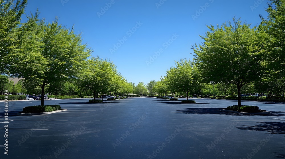Empty parking lot bordered by green leafy trees under a blue sky with symmetrical asphalt patterns, sunlight casting shadows, captured in a wide-angle urban landscape with a tranquil atmosphere. Empty parking lot bordered by green leafy trees under a blue sky with symmetrical asphalt patterns, sunlight casting shadows, captured in a wide-angle urban landscape with a tranquil atmosphere.