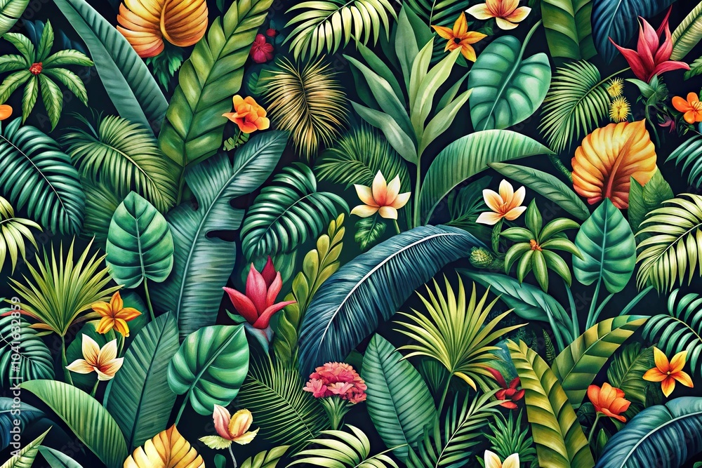 Bold tropical pattern background with lush greenery and exotic motifs reminiscent of a tropical paradise Bold tropical pattern background with lush greenery and exotic motifs reminiscent of a tropical paradise