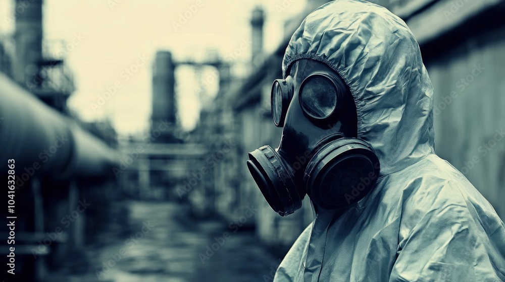 Man in a gas mask, inspecting pipes in a chemical refinery, dressed in full protective gear. Man in a gas mask, inspecting pipes in a chemical refinery, dressed in full protective gear.