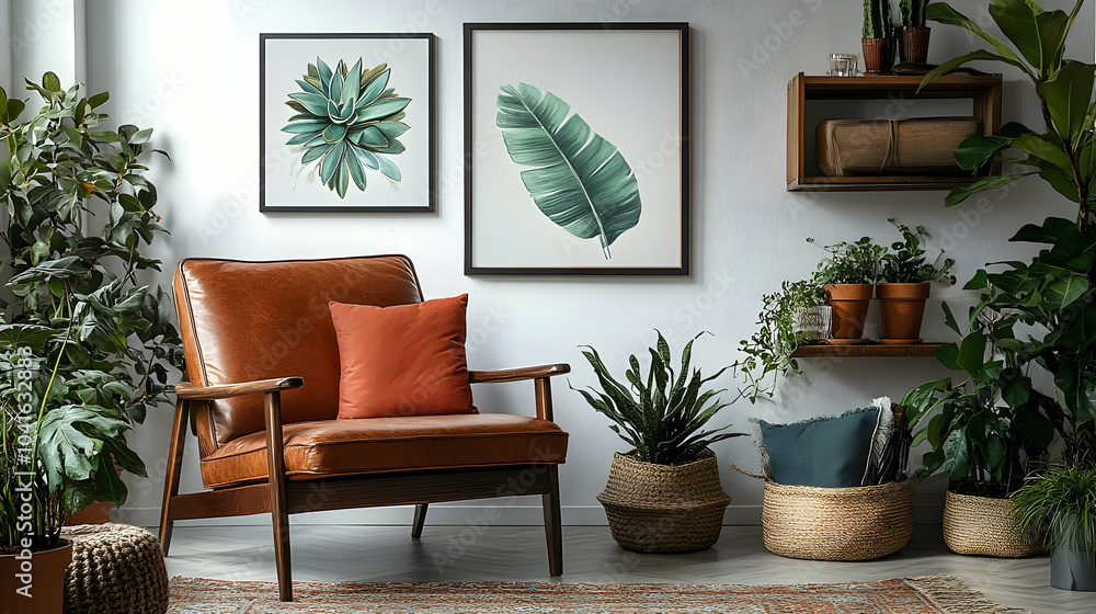 Cozy Living Room Design with Plants, Leather Armchair, and a Rug Cozy Living Room Design with Plants, Leather Armchair, and a Rug