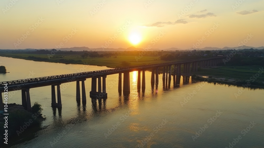 Fototapeta premium Sunset Over Water with Bridge Silhouette