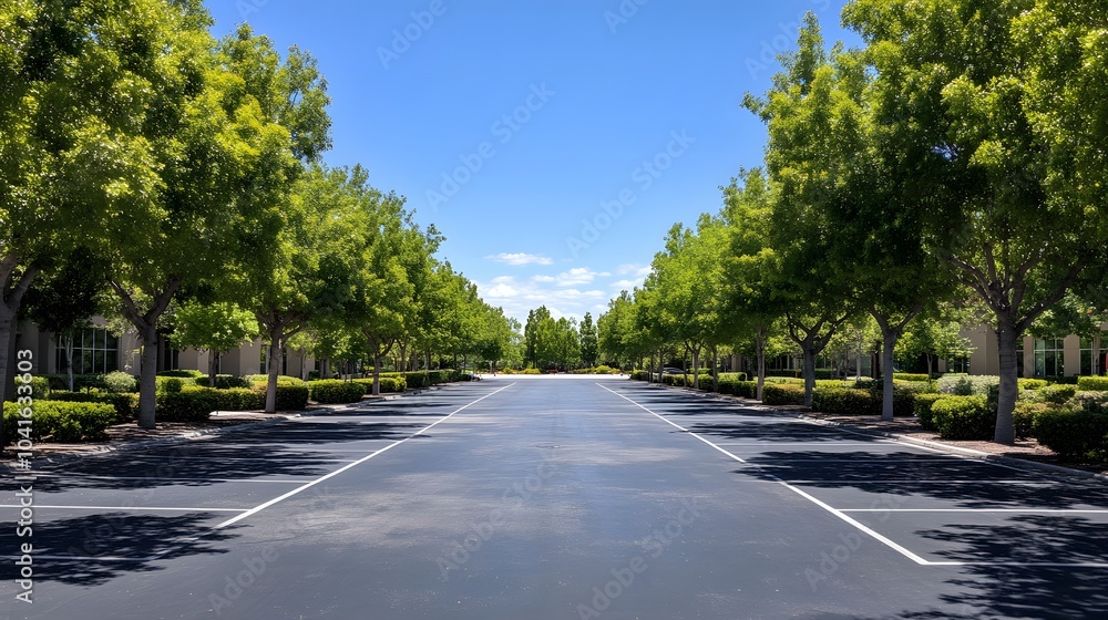 Obraz premium Empty parking lot bordered by green leafy trees under a blue sky with symmetrical asphalt patterns, sunlight casting shadows, captured in a wide-angle urban landscape with a tranquil atmosphere.
