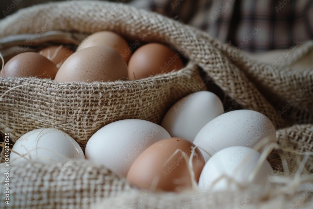 Rustic sack of fresh brown and white eggs Rustic sack of fresh brown and white eggs