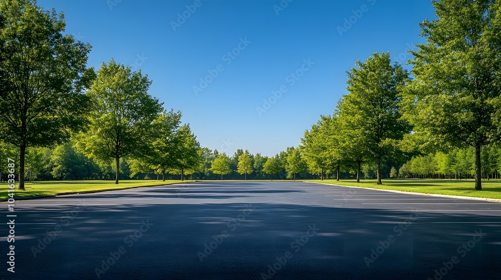 Empty parking lot bordered by green leafy trees under a blue sky with symmetrical asphalt patterns, sunlight casting shadows, captured in a wide-angle urban landscape with a tranquil atmosphere. Empty parking lot bordered by green leafy trees under a blue sky with symmetrical asphalt patterns, sunlight casting shadows, captured in a wide-angle urban landscape with a tranquil atmosphere.