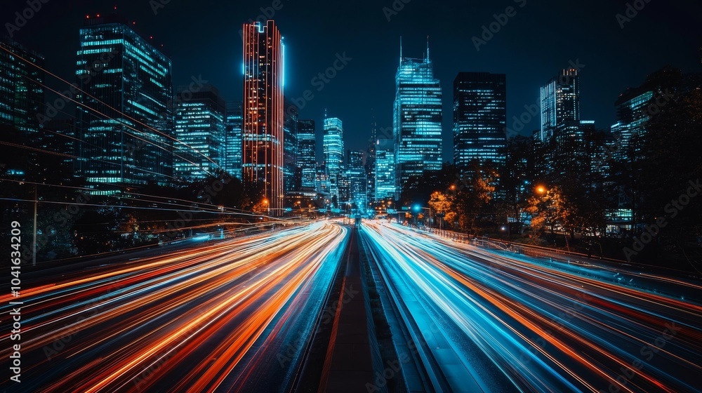 Naklejka premium Vibrant Night Cityscape with Light Trails