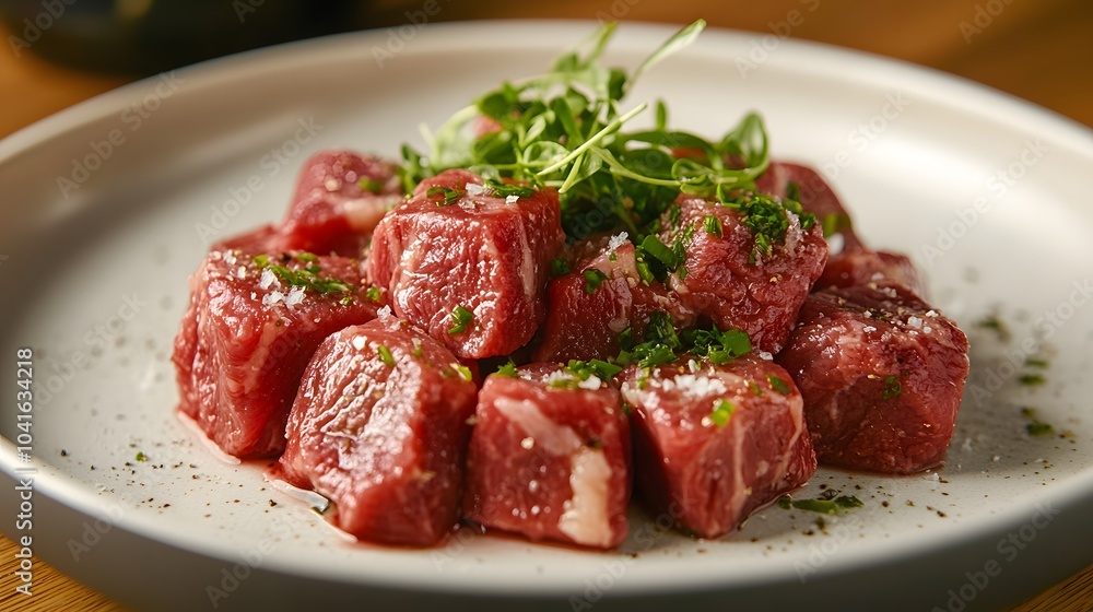 Close-up of fresh beef cubes with marbled texture on a white ceramic plate garnished with green herbs, showcasing vibrant red color and high-quality protein in a gourmet food photography style. Close-up of fresh beef cubes with marbled texture on a white ceramic plate garnished with green herbs, showcasing vibrant red color and high-quality protein in a gourmet food photography style.