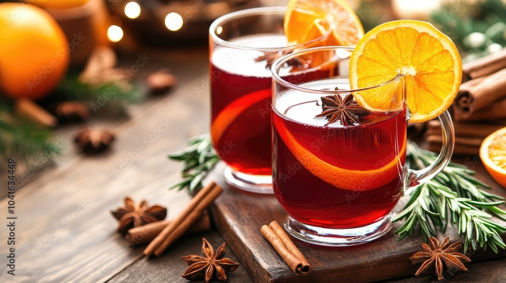 Two glasses of flavorful mulled wine are beautifully garnished with orange slices and fresh rosemary, surrounded by aromatic spices on rustic wood. Perfect for winter celebrations Two glasses of flavorful mulled wine are beautifully garnished with orange slices and fresh rosemary, surrounded by aromatic spices on rustic wood. Perfect for winter celebrations
