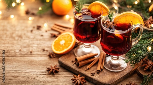 Two glasses of flavorful mulled wine are beautifully garnished with orange slices and fresh rosemary, surrounded by aromatic spices on rustic wood. Perfect for winter celebrations