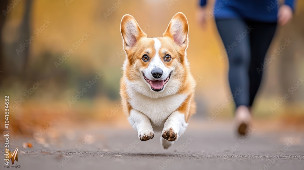 A playful corgi dashes along a sunny park path, accompanied by a woman in a blue dress enjoying a leisurely walk A playful corgi dashes along a sunny park path, accompanied by a woman in a blue dress enjoying a leisurely walk