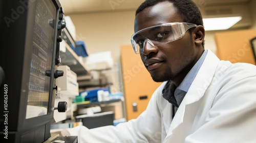 Technician in a pharmaceutical lab, analyzing data on a computer while wearing a lab coat and safety goggles.