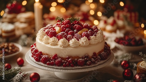 Wallpaper Mural Festive Christmas cake with raspberries and white frosting on a white cake stand surrounded by presents and other desserts. Torontodigital.ca