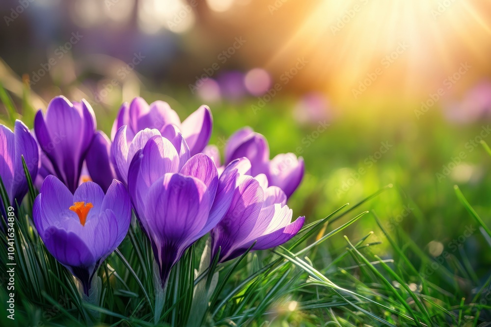 Beautiful Purple Crocuses Blooming in Golden Light Beautiful Purple Crocuses Blooming in Golden Light