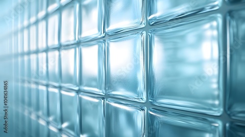 Glass blocks with a light blue tint arranged in a grid pattern, featuring translucent and frosted textures with diffused light, highlighting modern architectural elements and minimalist design.