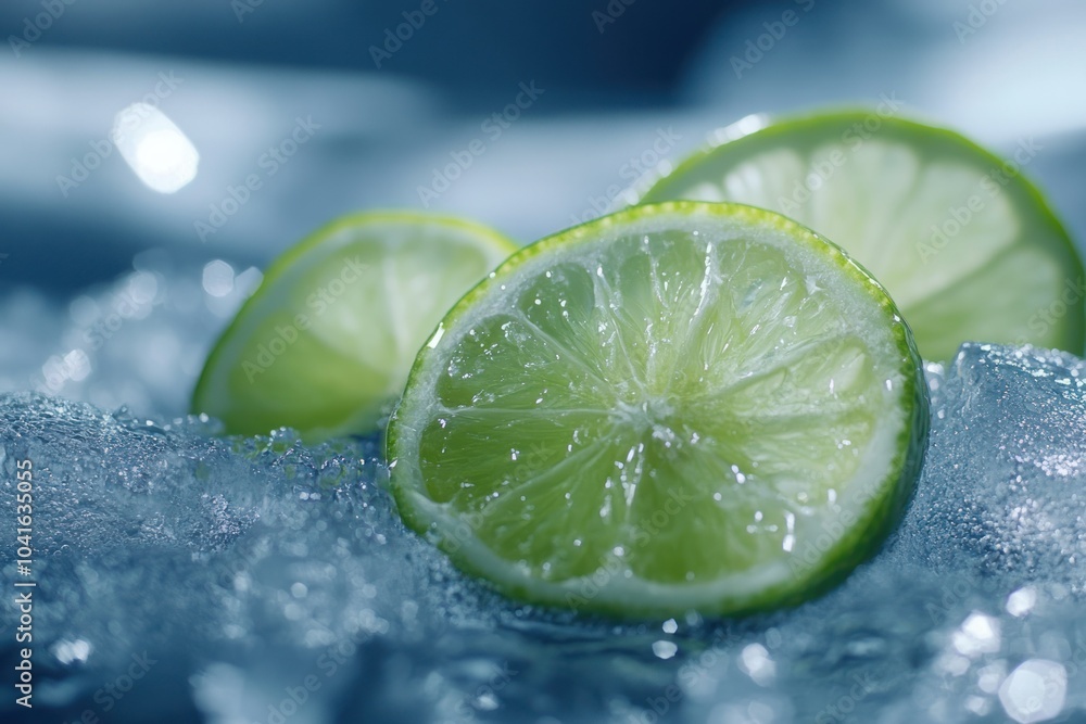 Fresh Lime Slices on Ice with Sparkling Background Fresh Lime Slices on Ice with Sparkling Background