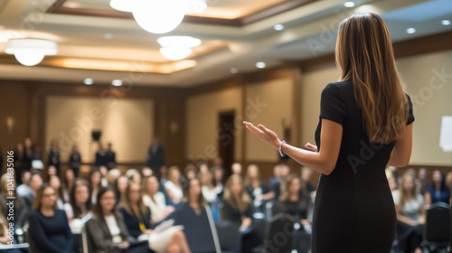 Professional woman speaking on a stage during a business conference, confidently addressing the audience on leadership and growth.