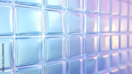 Glass blocks with a light blue tint arranged in a grid pattern, featuring translucent and frosted textures with diffused light, highlighting modern architectural elements and minimalist design.