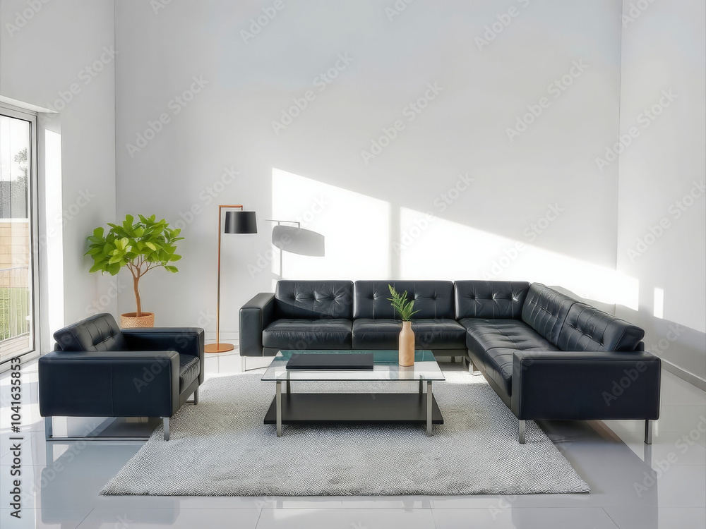 A living room with a black couch and a white rug. The couch is arranged in a U shape and there is a coffee table in the middle. A potted plant is placed on the left side of the room A living room with a black couch and a white rug. The couch is arranged in a U shape and there is a coffee table in the middle. A potted plant is placed on the left side of the room